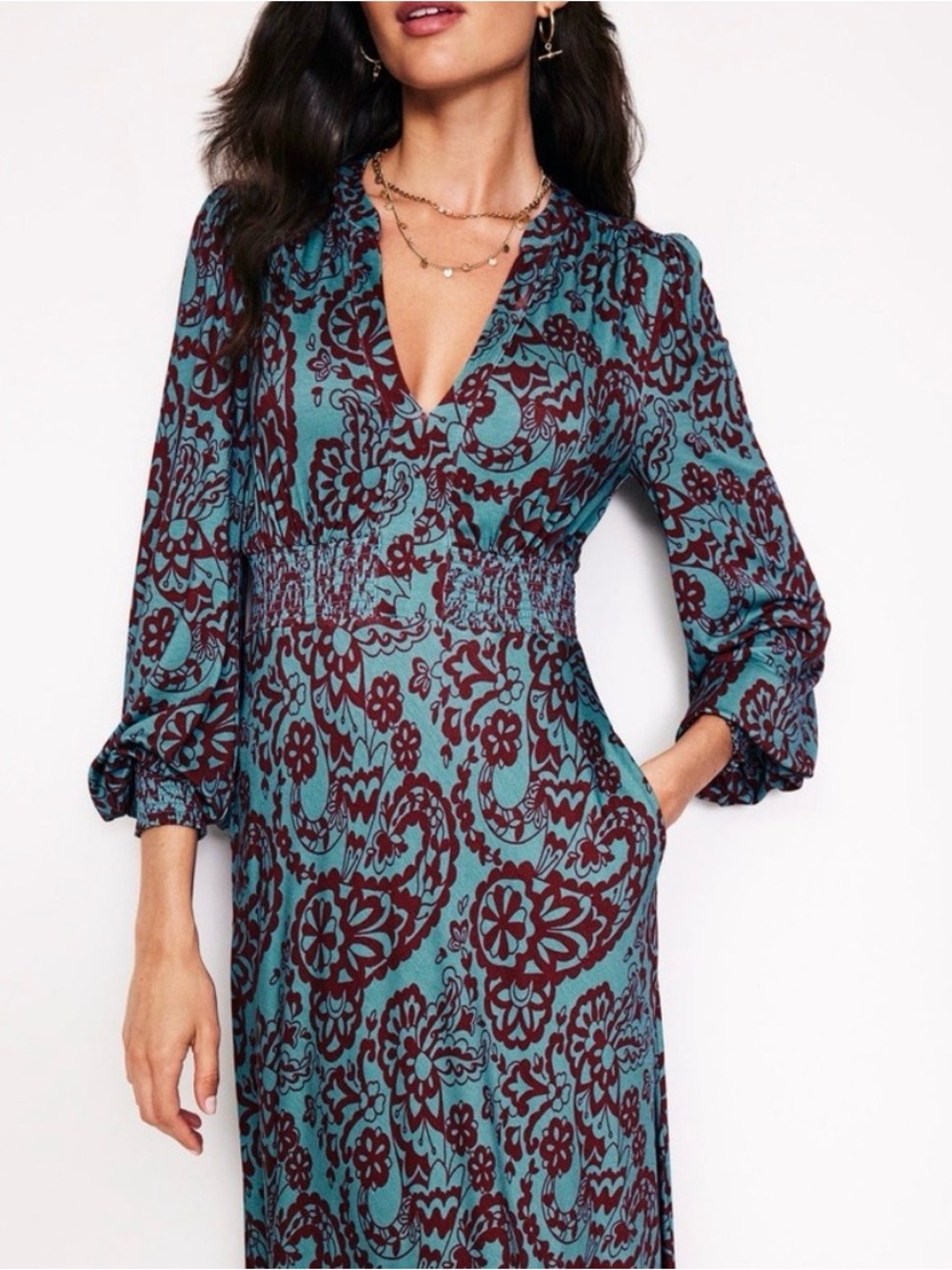 NWT Boden Ivy Smocked MIDI Dress in Blue Paisley